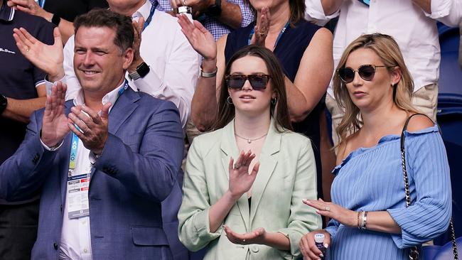 Karl Stefanovic, left, and wife Jasmine right at the Australian Open. Picture: AAP