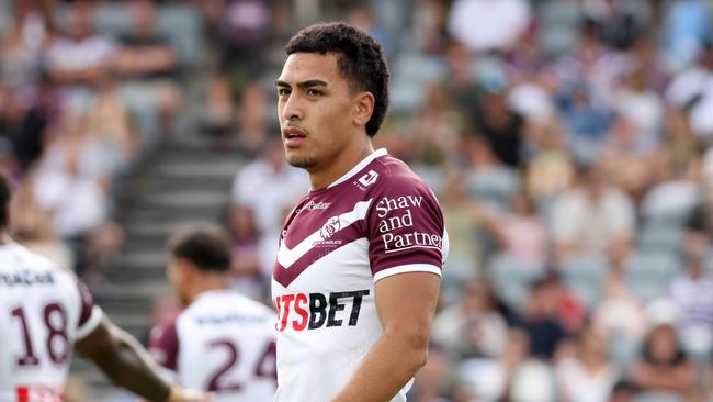 FEBRUARY 11, 2024:  Manlys Levi Hopoate pictured in the second half of the NRL trial game Manly Vs South Sydney. Industree Group Stadium, Gosford. Picture: Damian Shaw