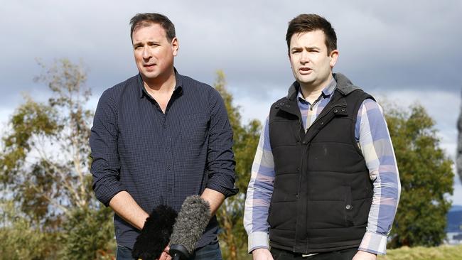 Concerned local resident, Matt Jones and Kingborough Mayor, Dean Winter are pictured at Huntingfield where a proposed new suburb is to be built. Picture: MATT THOMPSON