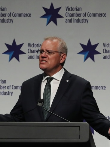 Scott Morrison has taken a swipe at Premier Daniel Andrews during the Victorian Chamber of Commerce and Industry in Melbourne. Picture: NCA NewsWire / David Crosling