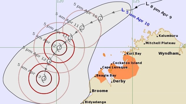 A tropical low along the Kimberley coast in Western Australia is expected to develop into Tropical Cyclone Ilsa on Monday afternoon. Picture: Bureau of Meteorology