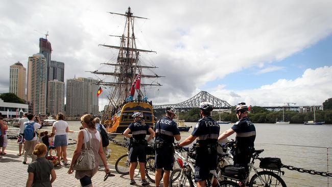 April 2011: The Endeavour replica sailed into Eagle Street Pier in Brisbane on its way around Australia. Picture: Jeff Camden