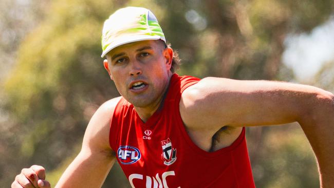 St Kilda ruck Rowan Marshall put through his paces at St Kilda training on Wednesday. Photo: Jack Cahill.