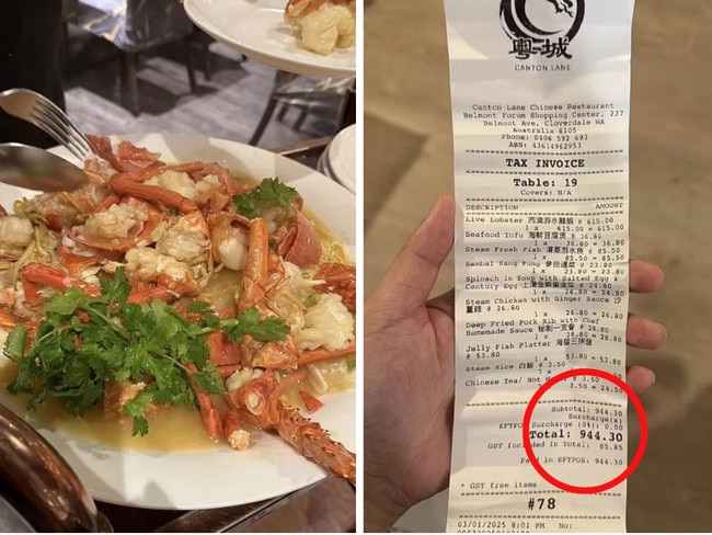 A woman who was handed a staggering $944.30 bill at a Chinese restaurant in Perth has hit out at the establishment online.