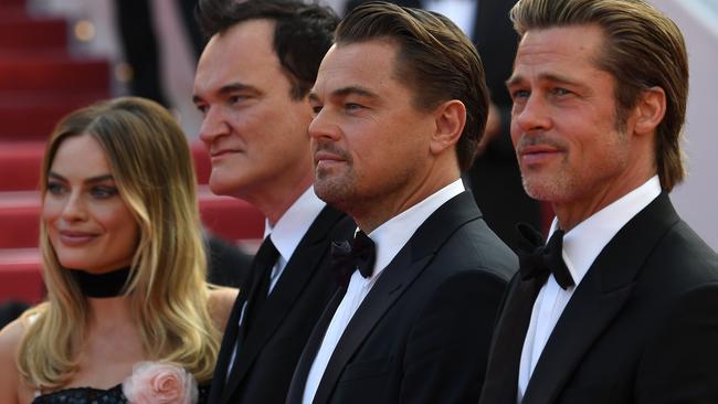 Margot Robbie, Quentin Tarantino, Leonardo DiCaprio and Brad Pitt. Picture: Loic Venance/AFP