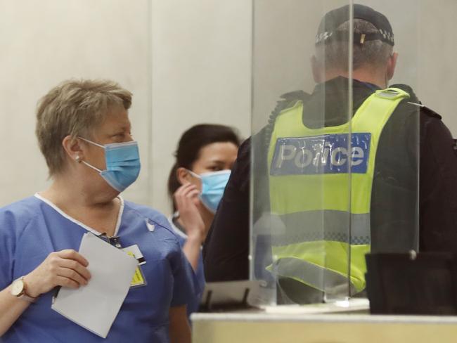 Victoria Police step in to guard Novotel in Melbourne after issues with hotel quarantine Thursday, October 1, 2020. Picture: David Crosling