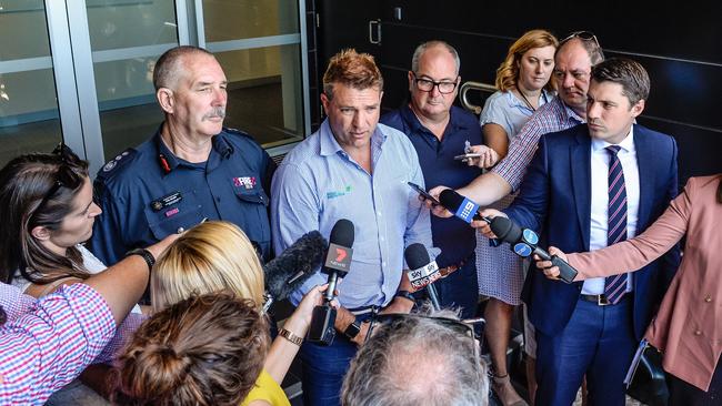 Thomas Foods managing director Darren Thomas speaks with the media after his company’s flagship abattoir was devastated by fire. Picture:  AAP / Roy Vandervegt