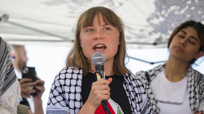 Greta Thunberg speaks on board the ship Madleen, headed to Gaza to deliver humanitarian aid on June 1. Picture: Getty