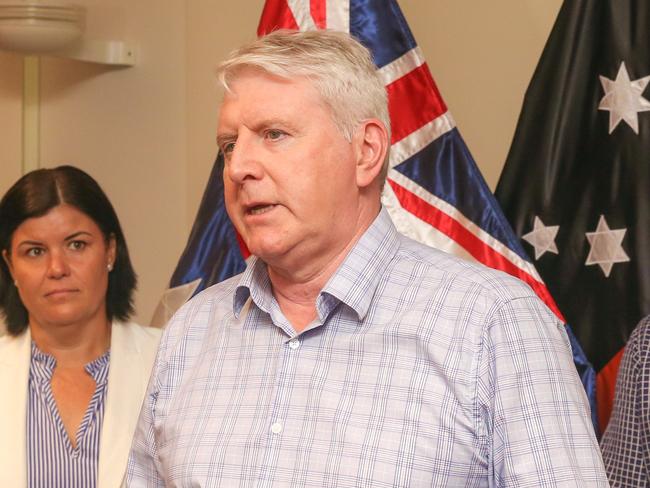 Federal Skills Minister Brendan O'Connor (R) with NT Chief Minister Natasha Files and Luke Gosling MLA Member for Solomon announcing federal funding for filling the skills shortage in the NT.Picture: Glenn Campbell