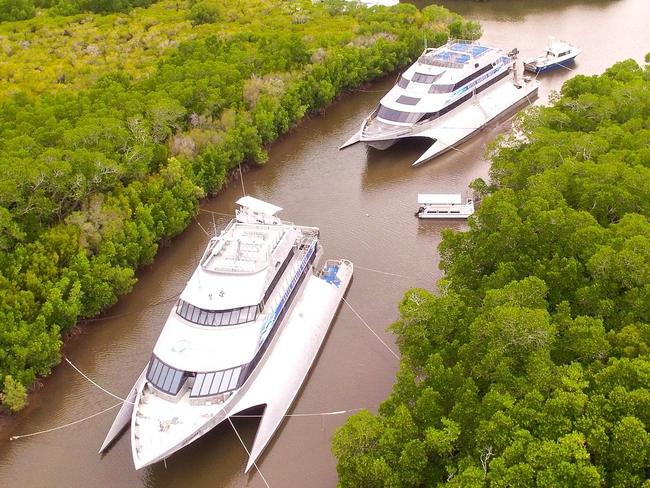 Superyachts were seen taking shelter in the mangroves in Dickson Inlet. Picture: Port Douglas Boat Hire/ Facebook