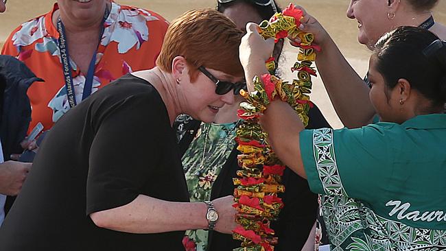 Foreign Minister Marise Payne receives a flower lei of welcome ahead of the Pacific Island Forum. Picture: Lyndon Mechielsen