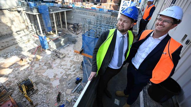 Hutchinson Builders director Jack Hutchinson and Frasers Property Australia executive general manager development Cameron Leggatt at the site of one of Brisbane’s largest BTR projects. Picture: Lyndon Mechielsen.