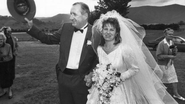 Fischer with Judy Brewer at their wedding in 1992.