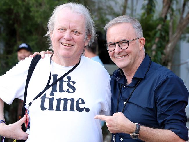 Labor leader Anthony Albanese pictured with music writer and author Stuart Coupe at Bluesfest in Byron Bay. Picture: Toby Zerna