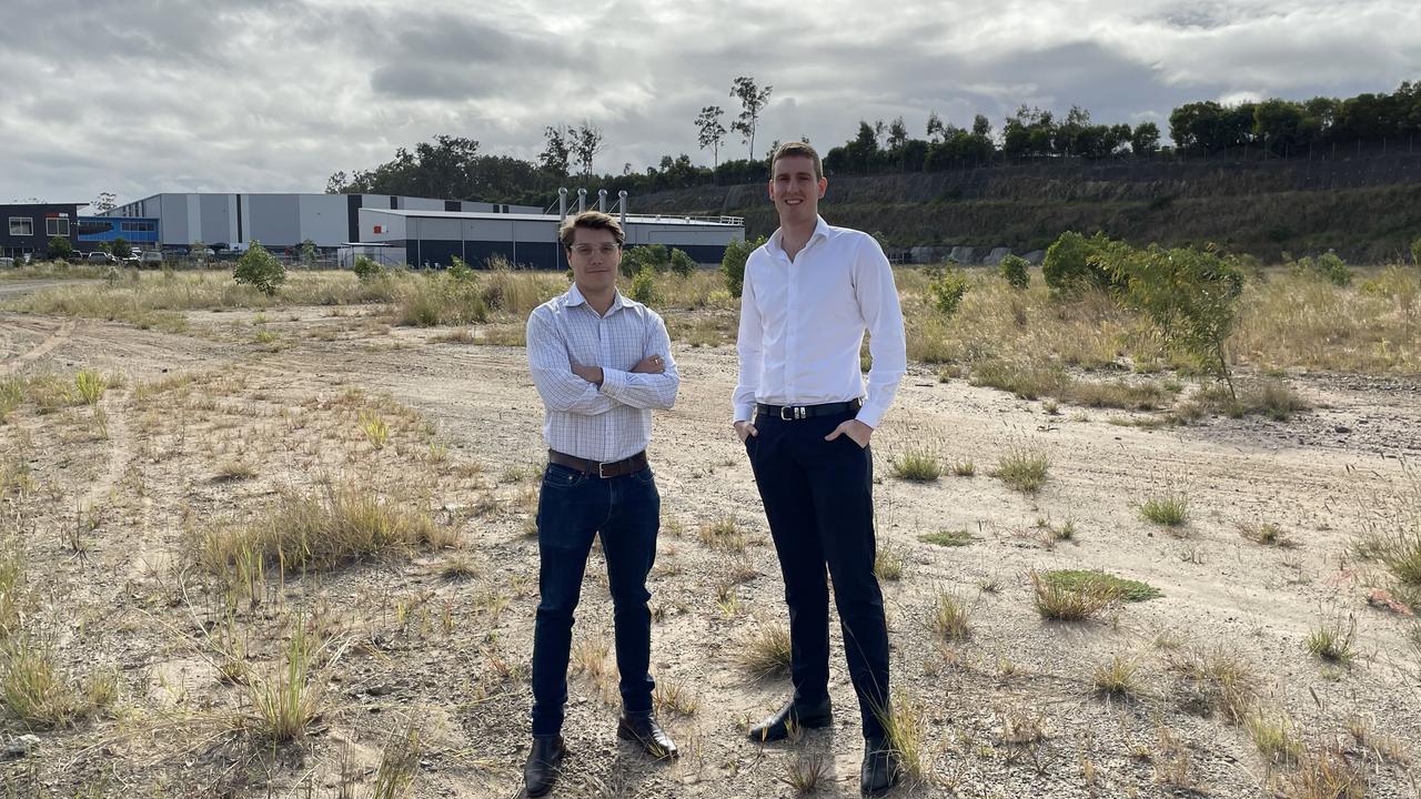 JLL’s Koen Dovey and Jordan Page 2t the 2.58ha development site at 11 Transport St, Yatala, which sold for $12.65m.