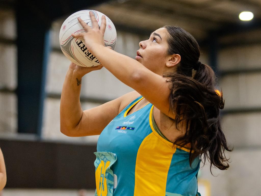 First Nations Black Swans shooter Jamaica Jauncey during the Australian Netball Championships. Picture: Davey Barber