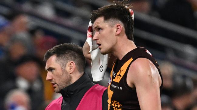 GEELONG, AUSTRALIA - JULY 06: Mitch Lewis of the Hawks leaves the field with trainers after hurting his knee and receiving head contact during the round 17 AFL match between Geelong Cats and Hawthorn Hawks at GMHBA Stadium, on July 06, 2024, in Geelong, Australia. (Photo by Daniel Pockett/Getty Images)