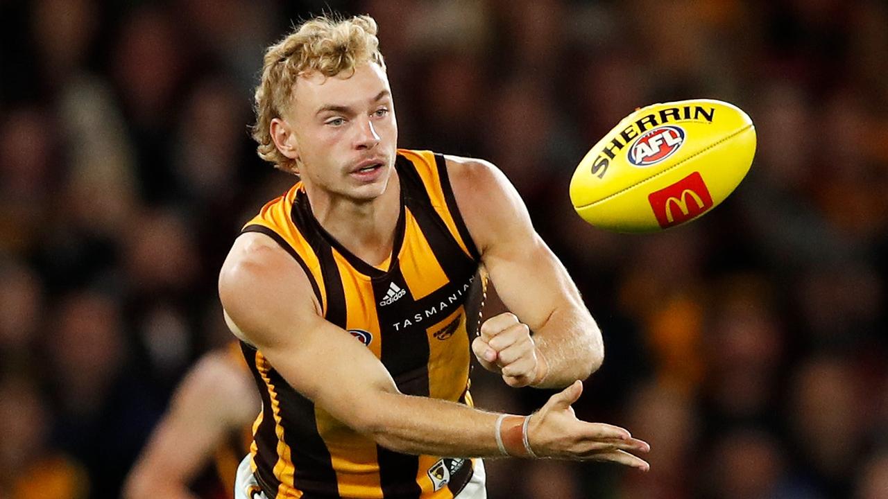 Hawthorn midfielders including James Worpel couldn’t get their hands on the footy in the final quarter against Essendon. Picture: Dylan Burns/AFL Photos via Getty Images