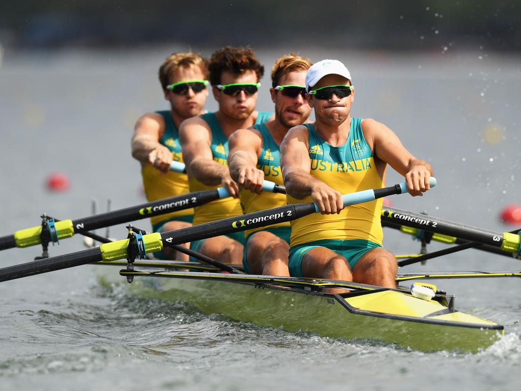 William Lockwood, Joshua Dunkley-Smith, Joshua Booth and Alexander Hill compete in one of the rowing heats.