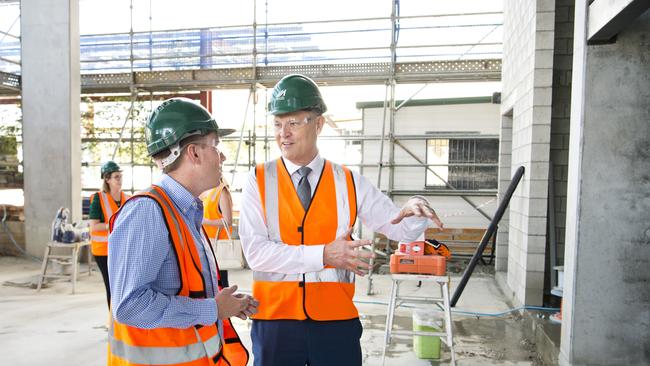 Project director Kenneth Wagner and Minor Hotel Group chief operation officer Craig Hooley at the Oaks Hotel, the site of the former Gladstone Hotel. Picture: Nev Madsen. Thursday, 24th Oct, 2019.