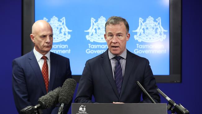 Treasurer Peter Gutwein and Premier Will Hodgman talking to reporters about GST distribution this morning. Picture: LUKE BOWDEN