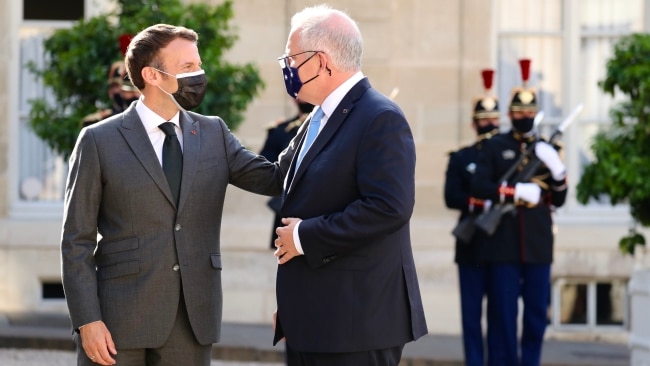 Former Australian Prime Minister Scott Morrison with French President Emmanuel Macron at the Presidential Palace in France on Tuesday, June 15, 2021. Picture: Adam Taylor/PMO