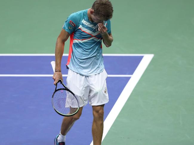 NEW YORK, NEW YORK - SEPTEMBER 09: Alex de Minaur of Australia wipes the sweat from his nose during his MenÃ¢â¬â¢s Singles quarter finals-match against Dominic Thiem of Austria on Day Ten of the 2020 US Open at the USTA Billie Jean King National Tennis Center on September 9, 2020 in the Queens borough of New York City.   Matthew Stockman/Getty Images/AFP == FOR NEWSPAPERS, INTERNET, TELCOS & TELEVISION USE ONLY ==