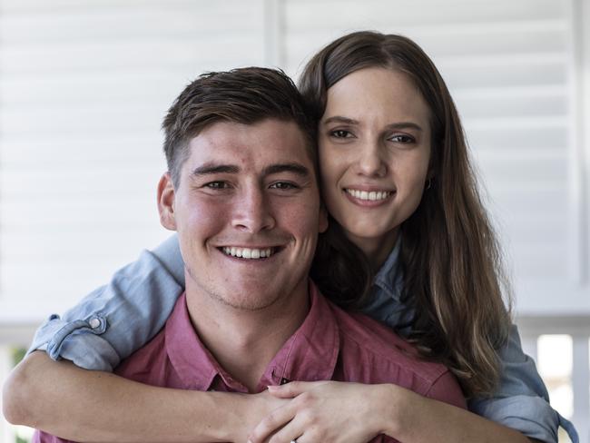 UOS potential cover. Matt Renshaw and partner Josie Harvey, they are recently engaged. The dog is called Chester. Pic Mark Cranitch.