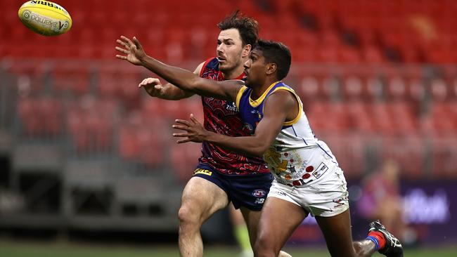 Melbourne defender Michael Hibberd nullified Brisbane’s Keidean Coleman on the weekend. Picture: Cameron Spencer/AFL Photos/via Getty Images