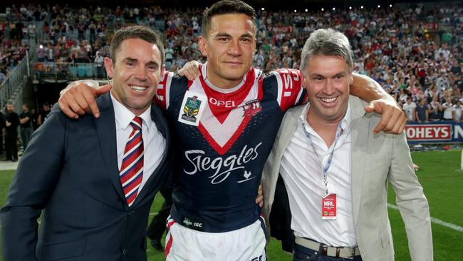 David Gyngell with Roosters legend Brad Fittler and Sonny Bill Williams after the 2013 NRL Grand Final. Picture: Gregg Porteous