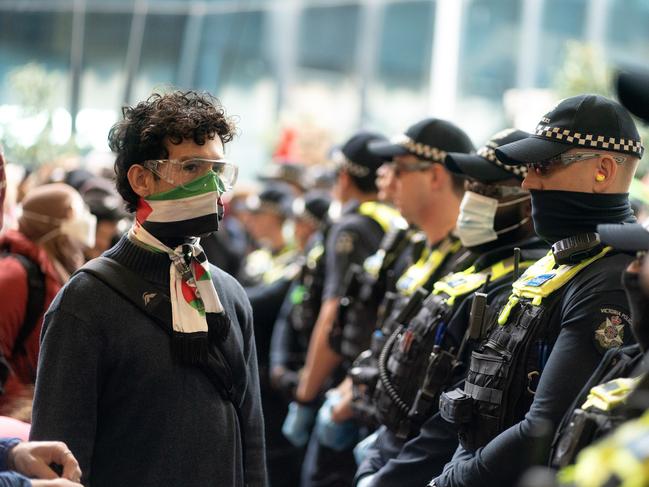 The protesters are trying to step weapons industry representatives from gathering and trading at the expo. Picture: NewsWire / Luis Enrique Ascui