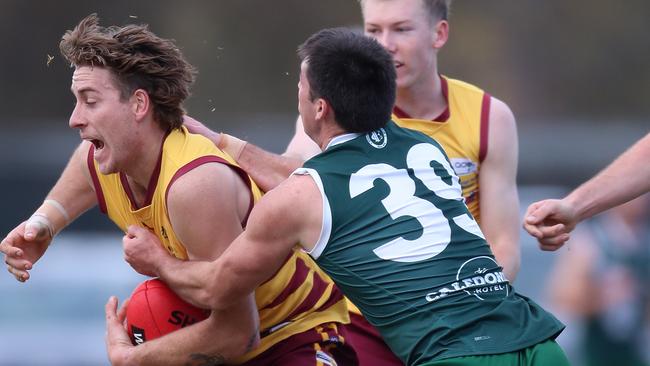 Goulburn Valley FL, Round 10, Echuca Murray Bombers V Shepparton Bears, at Victoria Park, Echuca,  Baxter Slater, 39,  Echuca  &Bryce Stephenson, 22  Sepparton,  Picture Yuri Kouzmin