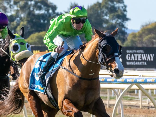 Lonely Road ridden by Jack Hill wins the Into Our Hands Community Foundation Maiden Plate at Wangaratta Racecourse on July 06, 2024 in Wangaratta, Australia. (Photo by Jay Town/Racing Photos via Getty Images)