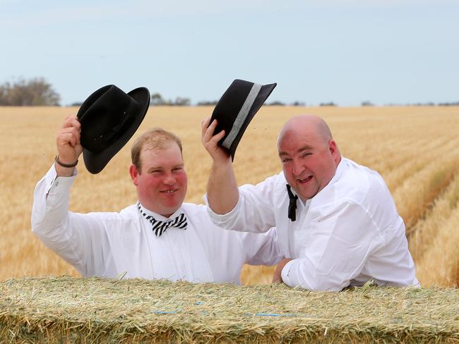 Stuart Bush, from Scottdale, Tasmania, celebrates his his 12th Barley Banquet and Jason “ Baz” McQueen, of Rupanyup celebrates his17th Banquet. Picture: Yuri Kouzmin