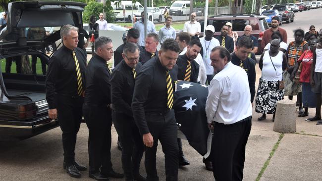 The incoming pallbearers included Mark Monaghan MLA, Chansey Paech MLA, Paul Kirby MLA, Joel Bowden MLA, Brent Potter MLA, Dheran Young MLA, Michael Gunner, and Birrigan Young. Picture: Sierra Haigh