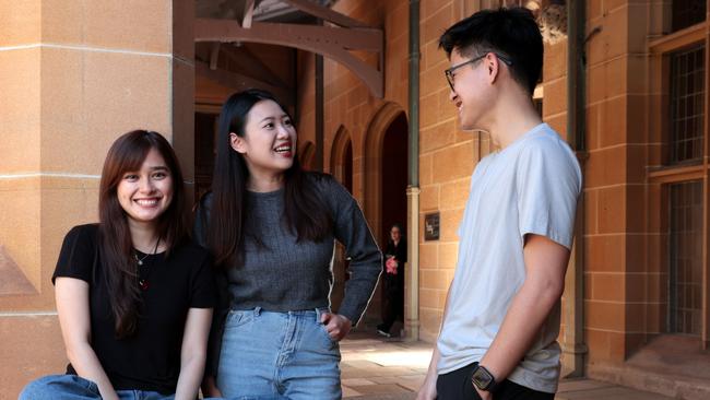 International students Leesa Zulkefli, 25, Alina Lin, 27, and Natsaran Ang, 26. Picture: Jane Dempster