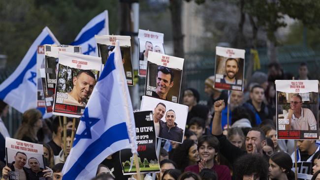 Israeli youth, led by Israeli Scouts from Kibbutz Kfar Aza, protest for the release of hostages held in Gaza in Jerusalem on Thursday. Picture: Getty Images