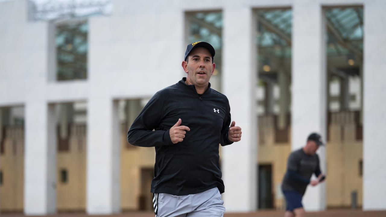 Jim Chalmers hit the pavement on Friday as he sprints towards the budget finish line. Picture: NCA NewsWire / Martin Ollman