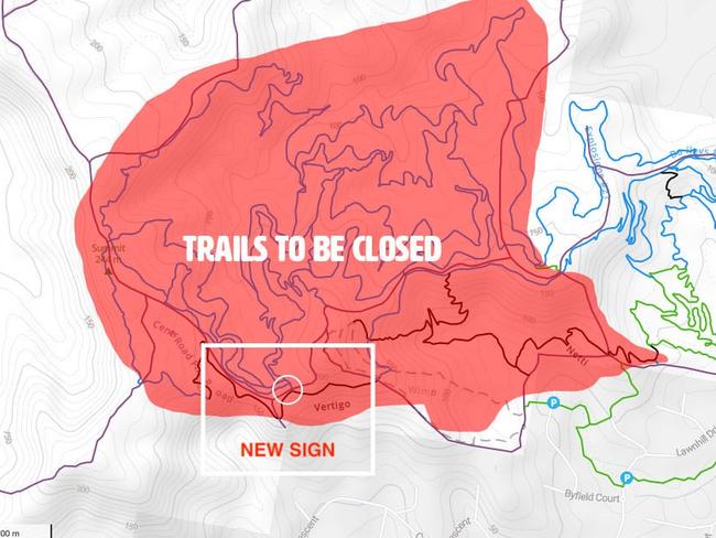 A map showing where new signage is and potential trail closures in the Nerang forest in the Gold Coast hinterland – prepared by bike riders from the Save Our Nerang Mountain Bike Forest group before the State Government made its announcement to preserve the area.