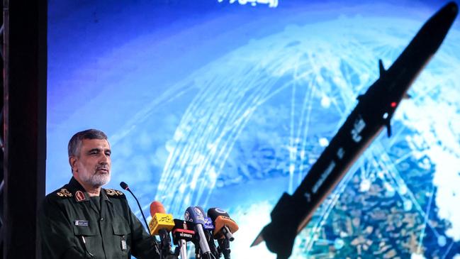 The head of the Iran Revolutionary Guard Corp's aerospace division, General Amir Ali Hajizadeh, speaking during the unveiling ceremony of the Fattah hypersonic missile in Tehran last June. Picture: IRGC Sepah News/AFP