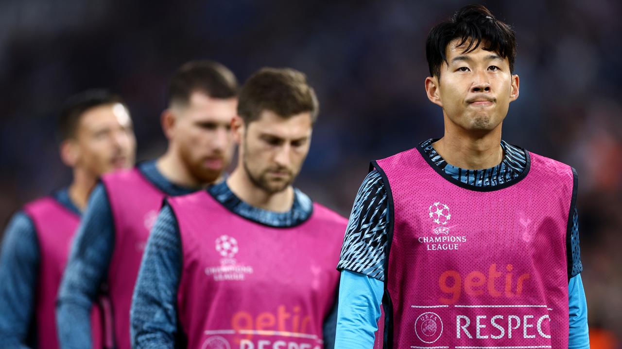 MARSEILLE, FRANCE - NOVEMBER 01: Son Heung-Min of Tottenham Hotspur warms up prior to the UEFA Champions League group D match between Olympique Marseille and Tottenham Hotspur at Orange Velodrome on November 01, 2022 in Marseille, France. (Photo by Clive Rose/Getty Images)