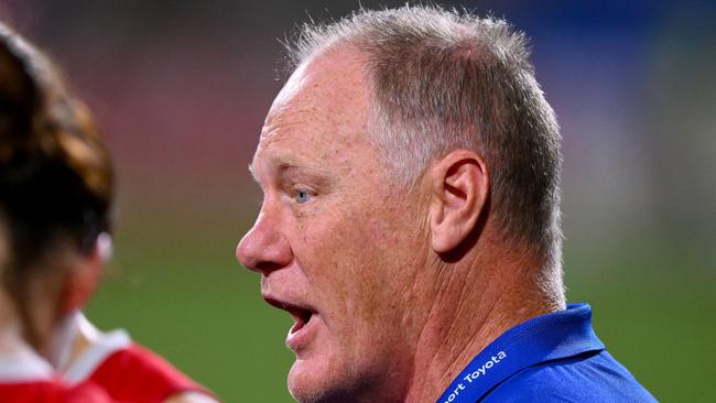 MELBOURNE, AUSTRALIA - SEPTEMBER 29: Nathan Burke, head coach of the Bulldogs speaks to players during the 2023 AFLW Round 05 match between the Western Bulldogs and the St Kilda Saints at Whitten Oval on September 29, 2023 in Melbourne, Australia. (Photo by Morgan Hancock/AFL Photos via Getty Images)