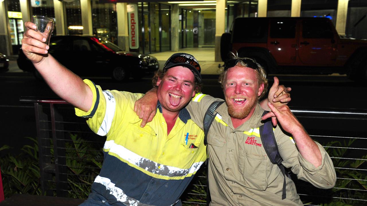 AFTER DARK: (L-R) Jack Volpe and Jed Robertson enjoying the night at The Grand Hotel, Gladstone. Photo Tom Huntley / The Observer