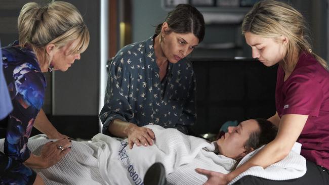 Marilyn (Emily Symons), Alex (Zoe Ventoura) and Jasmine (Sam Frost) in a scene from the season return.