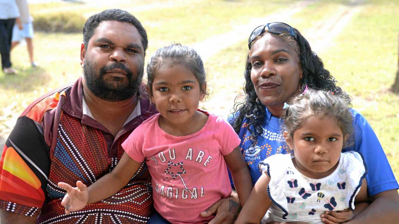 Leon McIvor, Pia Albury with twins Julleen and Nylithiah Albury-Hill at NAIIDOC Week's Kup Murri. Picture: Jann Houley