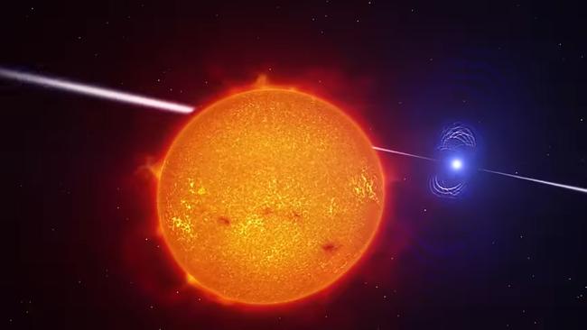 An artistâs impression of the AR Sco system: a binary red dwarf and white dwarf that interact to produce radio emission. Picture: Youtube/ European Southern Observatory (ESO)