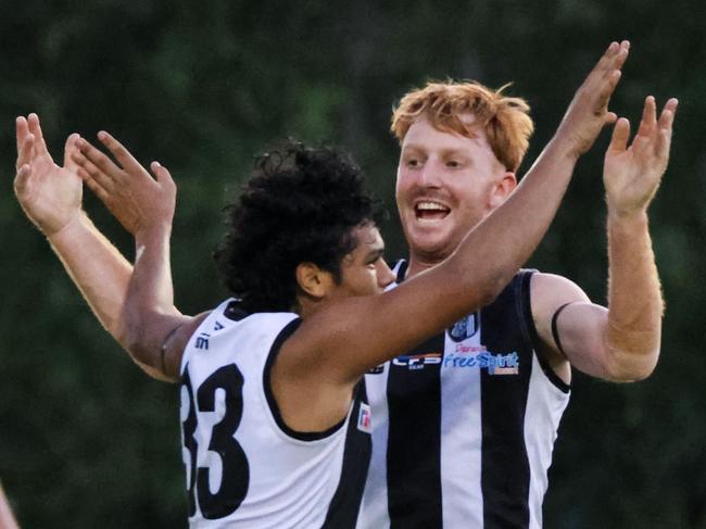 Eric Guthrie celebrates a goal for Palmerston against Darwin Buffaloes in Round 14 of NTFL. Picture: Celina Whan / AFLNT Media.