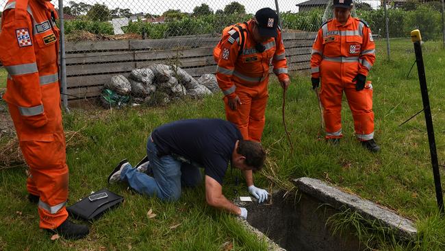 Police and SES conduct a line search at Warner reserve Springvale, hoping to uncover evidence to solve the disappearance of Dandenong North man Jake Lyons. Picture: Nicole Garmston