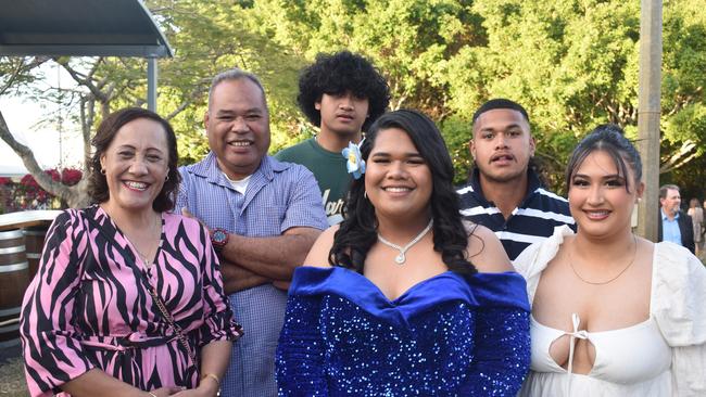 Salote Senituli, Meki Maafu, Isabella Rose, Tevita Senituli, Epeli Senituli and Sione Maafu at Runcorn State High School 2023 formal. Photos: Georgie Walker.