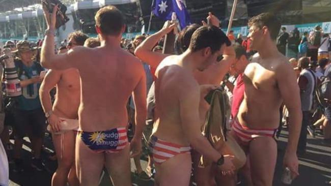 Nine Sydney university graduates and former private schoolboys are in a Malaysian police cell after stripping down to these budgie smugglers at the Kuala Lumpur Grand Prix. Picture: Ranes Subramaniam/Twitter